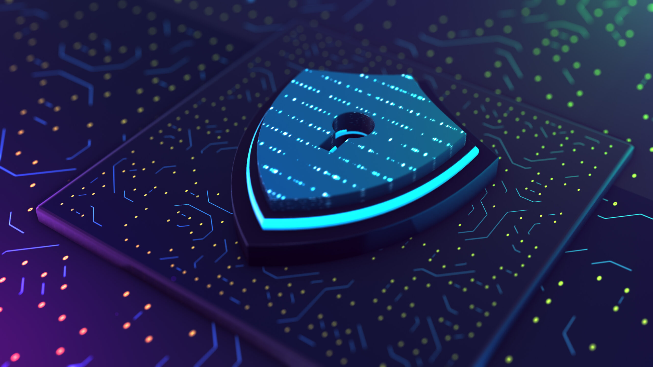 Cybersicherheitshologramm mit digitalem Schild 3D-Rendering